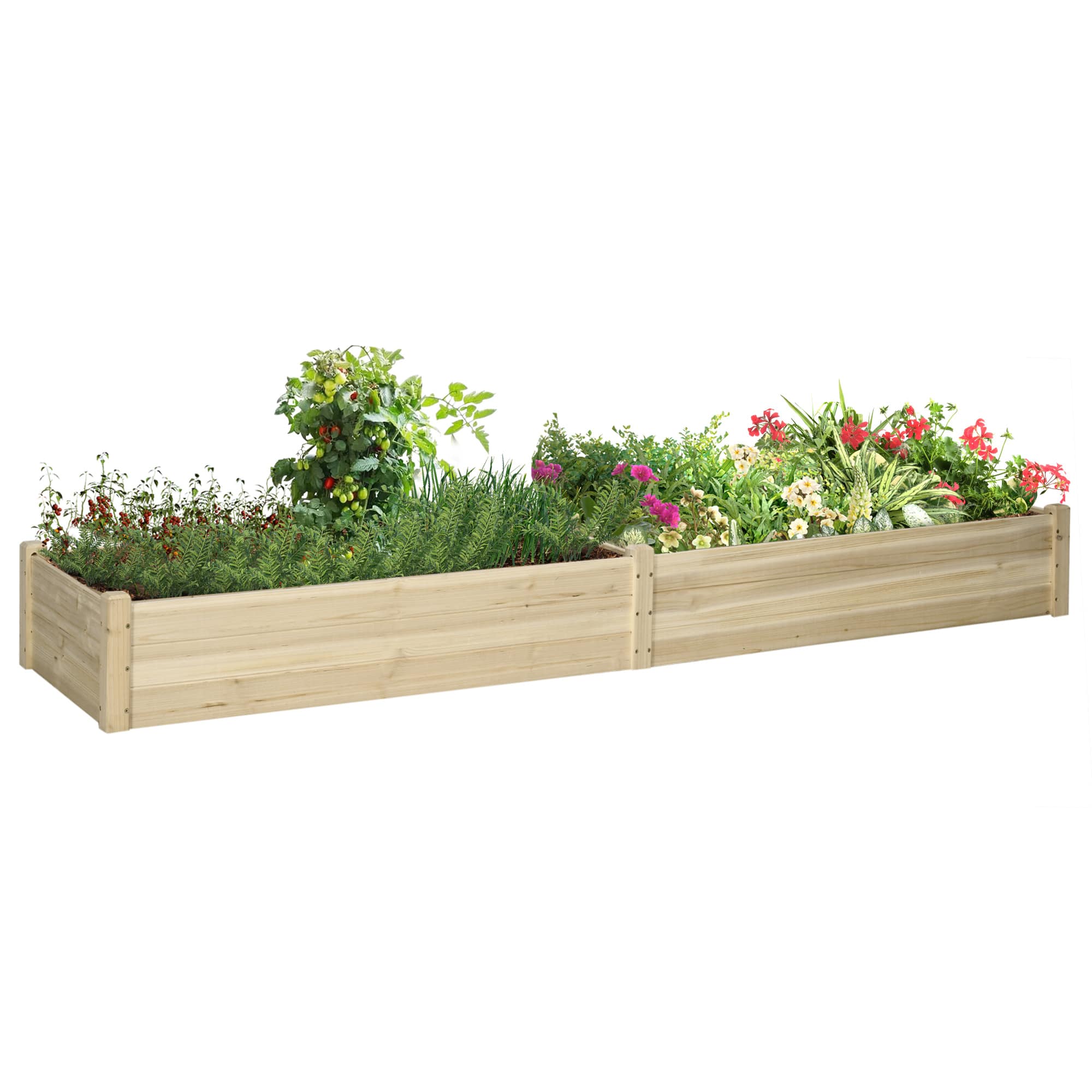 Outsunny - 8x2ft Wooden Raised Garden Bed Kit, Outdoor Elevated Planter Box, Self Draining Bottom and Liner - Natural wood finish