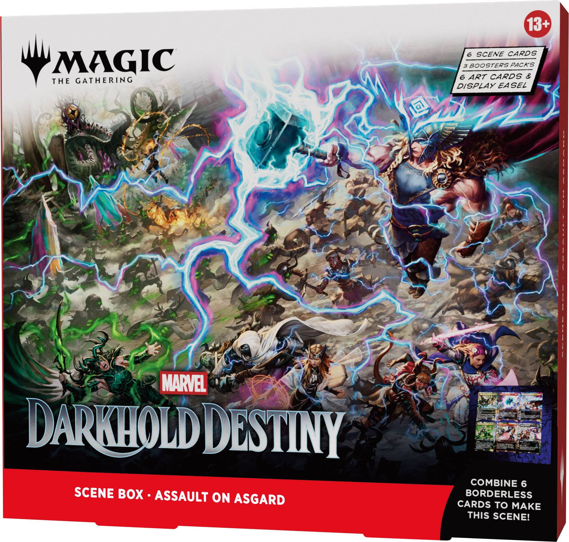 MAGIC THE GATHERING  
13+  
6 SCENE CARDS  
3 BOOSTER PACKS  
6 ART CARDS & DISPLAY EASEL  
MARVEL DARKHOLD DESTINY SCENE BOX - ASSAULT ON ASGARD  
COMBINE 6 BORDERLESS CARDS TO MAKE THIS SCENE!