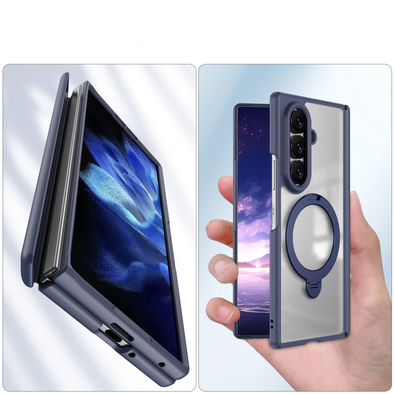 Alt View 2. Dteck - For Samsung Galaxy Z Fold8 Ultra Magnetic Case Built-in Screen Protector,Shockproof Ring Stand Clear Back Hinge Cover - Blue.