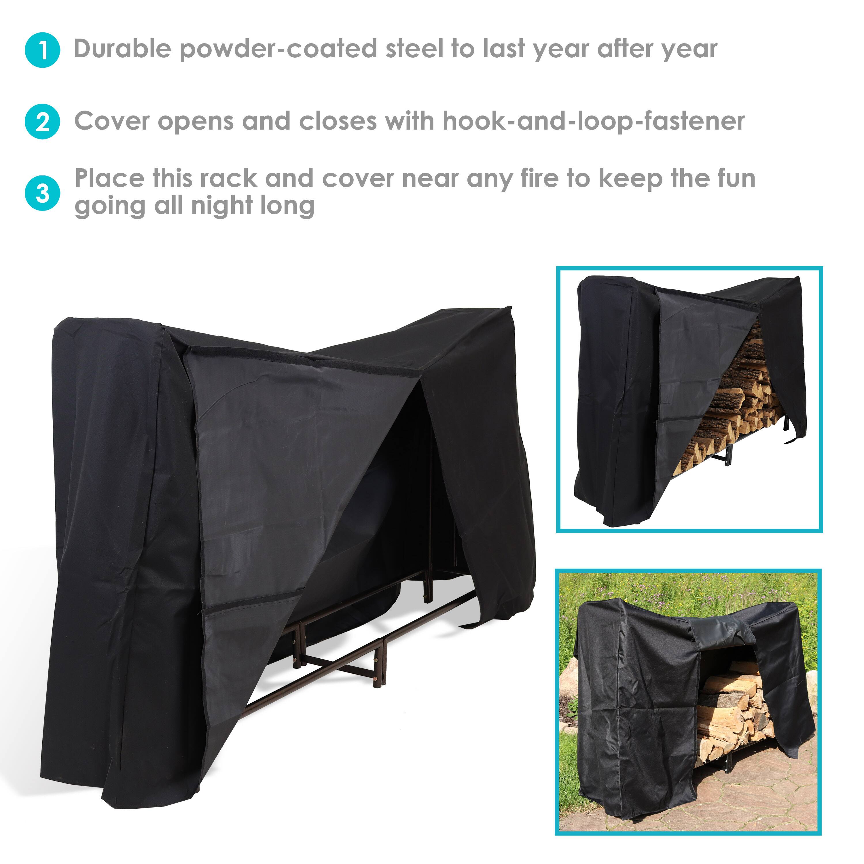 1. Durable powder-coated steel to last year after year  
2. Cover opens and closes with hook-and-loop fastener  
3. Place this rack and cover near any fire to keep the fun going all night long