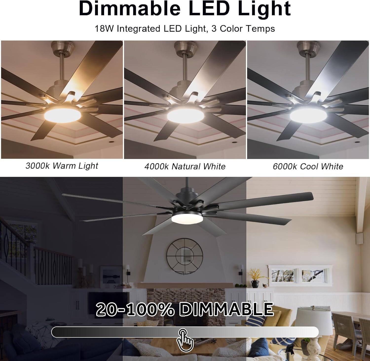 Dimmable LED Light  
18W Integrated LED Light, 3 Color Temps  

3000k Warm Light  
4000k Natural White  
6000k Cool White  

20-100% DIMMABLE