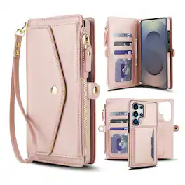 Dteck - Crossbody RFID Blocking Zipper Wallet Card For Samsung Galaxy S25 Ultra Handbag Magnetic Stand Wrist Strap Case - Rosegold