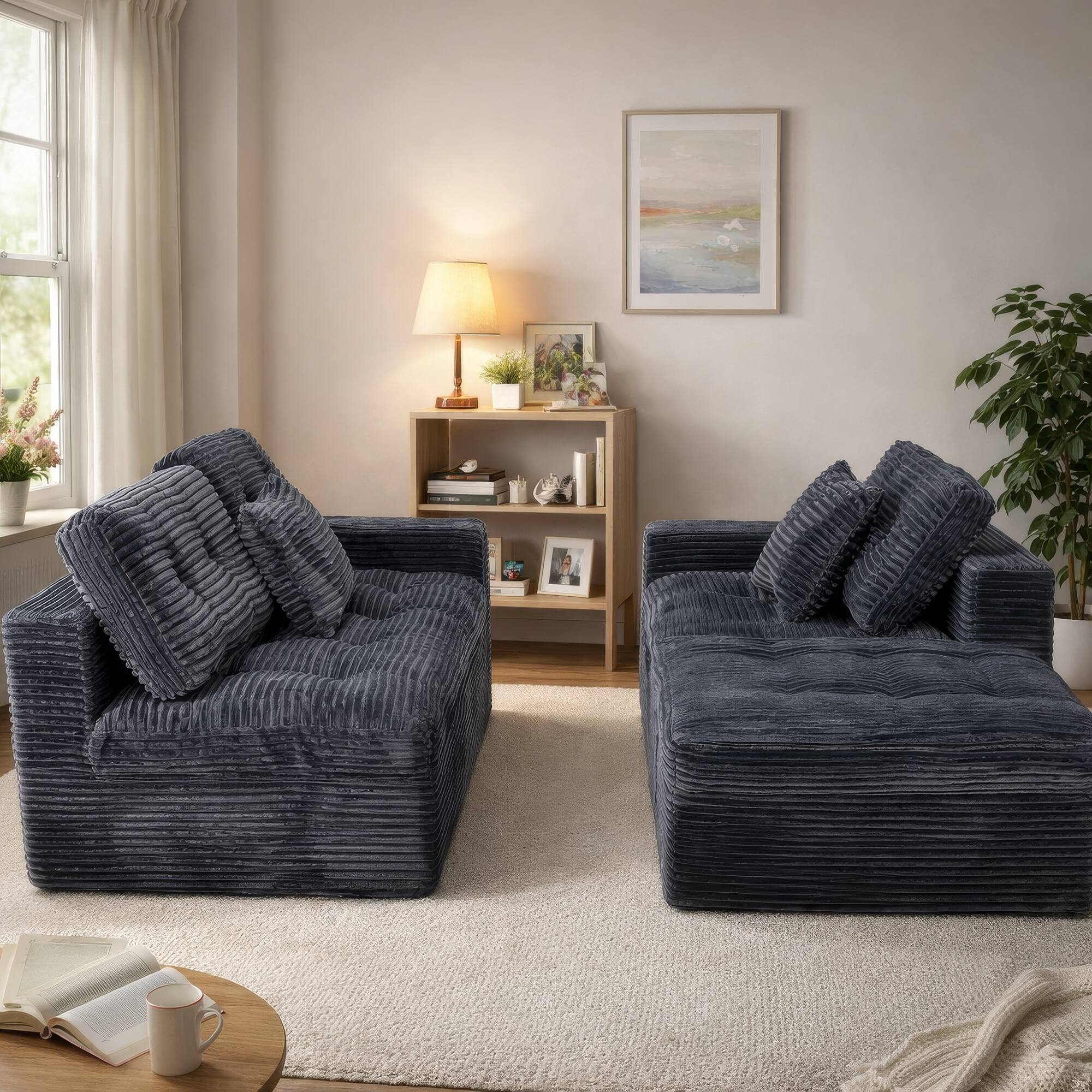 Left. Anysun - Modular Cloud Sofa Set, 105" DIY Sectional w/ Ottoman, Pure Foam, Faux Rabbit Fur Velvet, Living Room Couch - Grey.