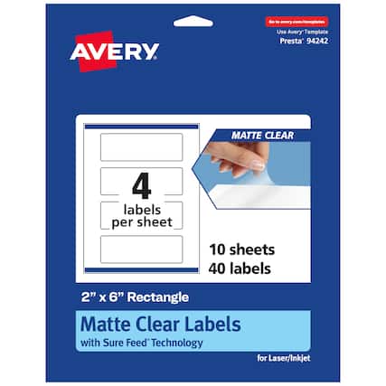 Go to avery.com/templates
Use Avery Template Presta® 94242
MATTE CLEAR
4 labels per sheet
10 sheets 40 labels
2" x 6" Rectangle
Matte Clear Labels with Sure Feed® Technology for Laser/Inkjet