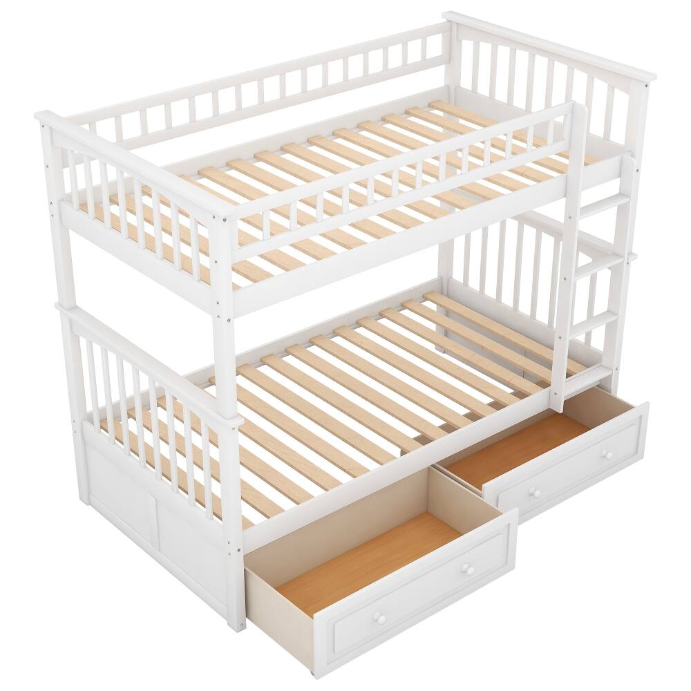 Alt View 2. Loheer - Loheer Twin Over Twin Bunk Bed with Drawers, Convertible Solid Wood White Bunk Bed - White.
