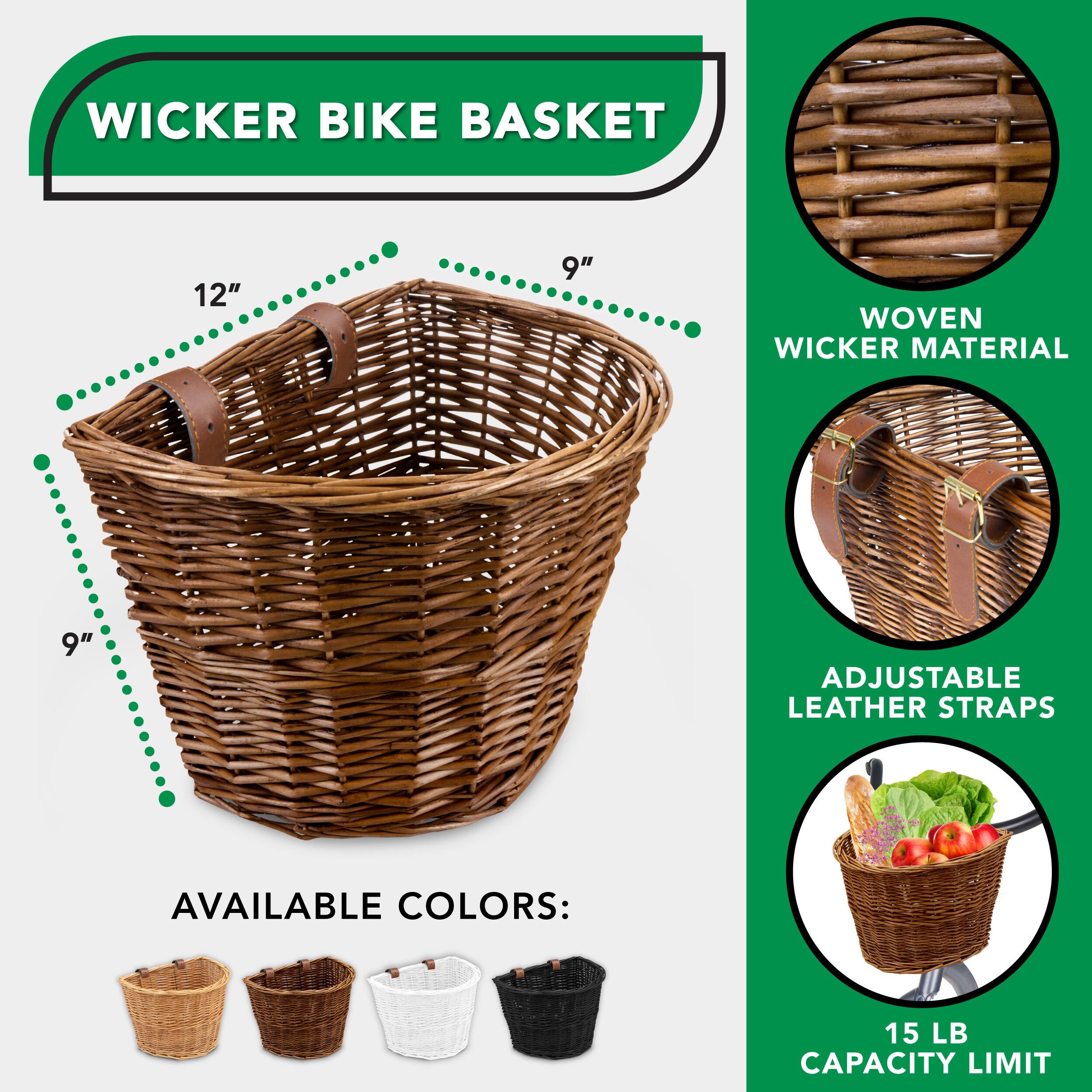 WICKER BIKE BASKET, 12" x 9", WOVEN WICKER MATERIAL, ADJUSTABLE LEATHER STRAPS, AVAILABLE COLORS: 15 LB CAPACITY LIMIT