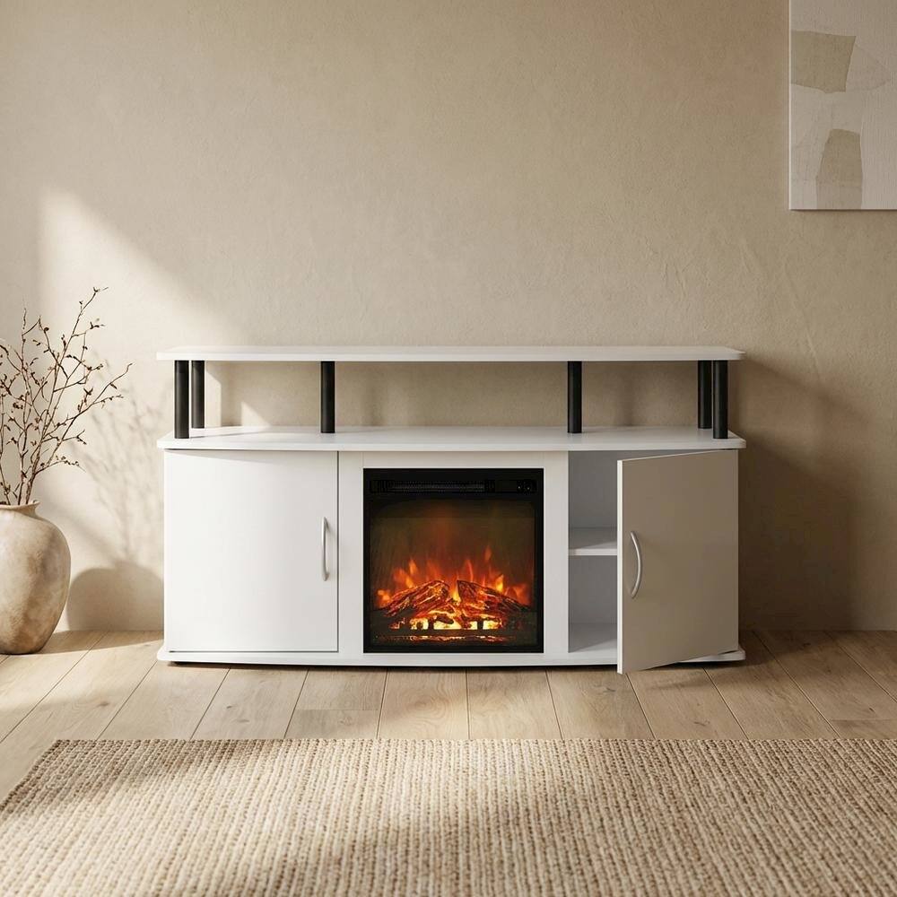 Alt View 1. FurniFact - White Fireplace TV Stand for Up to 55 Inch TVs with Open Shelf Storage - Plain White/Black.