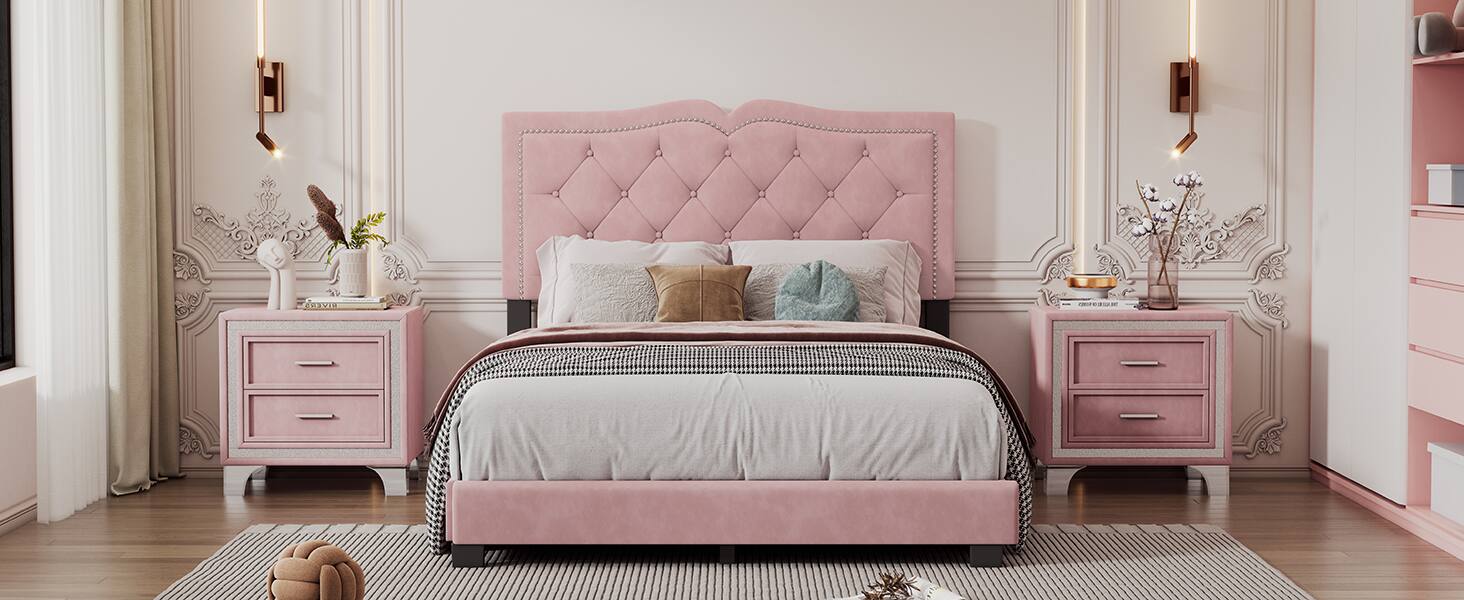 Alt View 7. Tiramisubest - Full Size Upholstered Bed Frame with Rivet Design, Modern Velvet Platform Bed with Tufted Headboard,Pink - Pink.