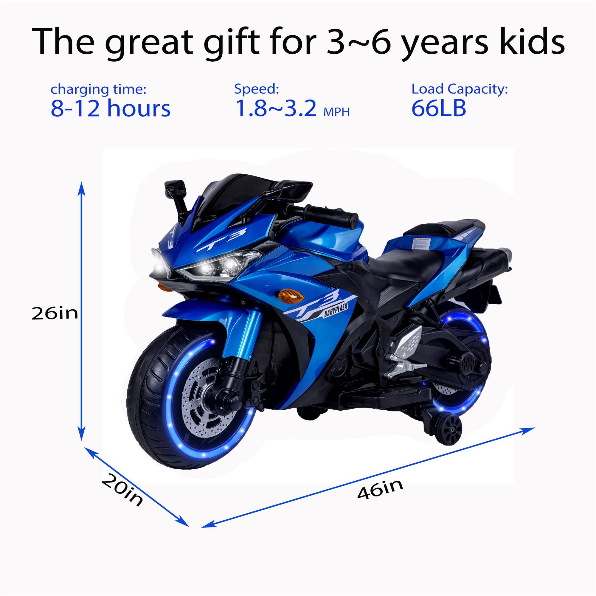 The great gift for 3~6 years kids

charging time: 8-12 hours

Speed: 1.8~3.2 MPH

Load Capacity: 66LB

26in

20in

46in