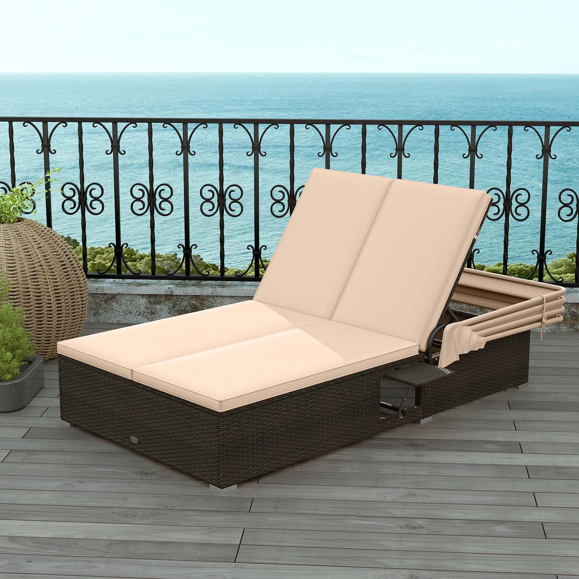 Alt View 1. Costway - Costway 2-person Rattan Lounge Bed with Retractable Canopy 5-position Adjustable Backrest - Beige.