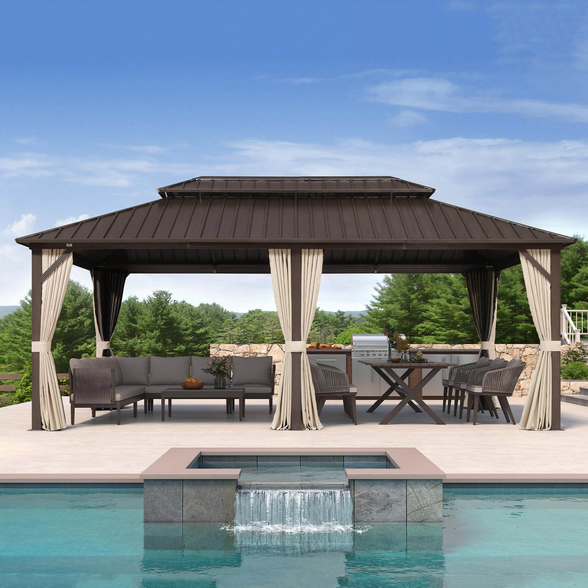 PURPLE LEAF - Outdoor Hardtop Gazebo Metal Frame Galvanized Steel Double Roof with Curtains and Nettings - 12' X 20'