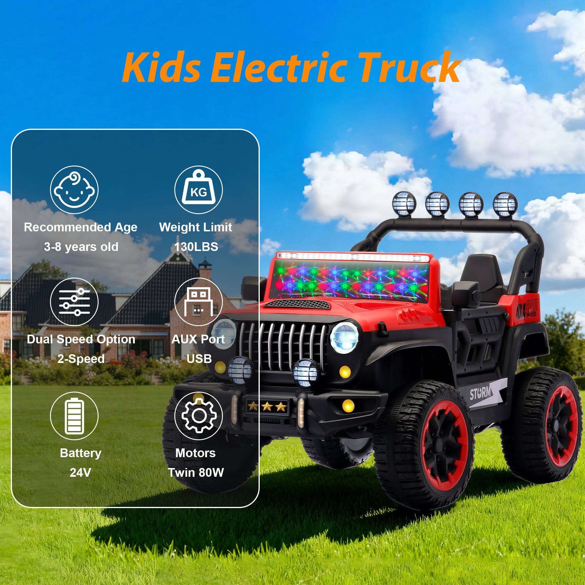 Kids Electric Truck  
Recommended Age: 3-8 years old  
Weight Limit: 130LBS  
Dual Speed Option: 2-Speed  
AUX Port: USB  
Battery: 24V  
Motors: Twin 80W