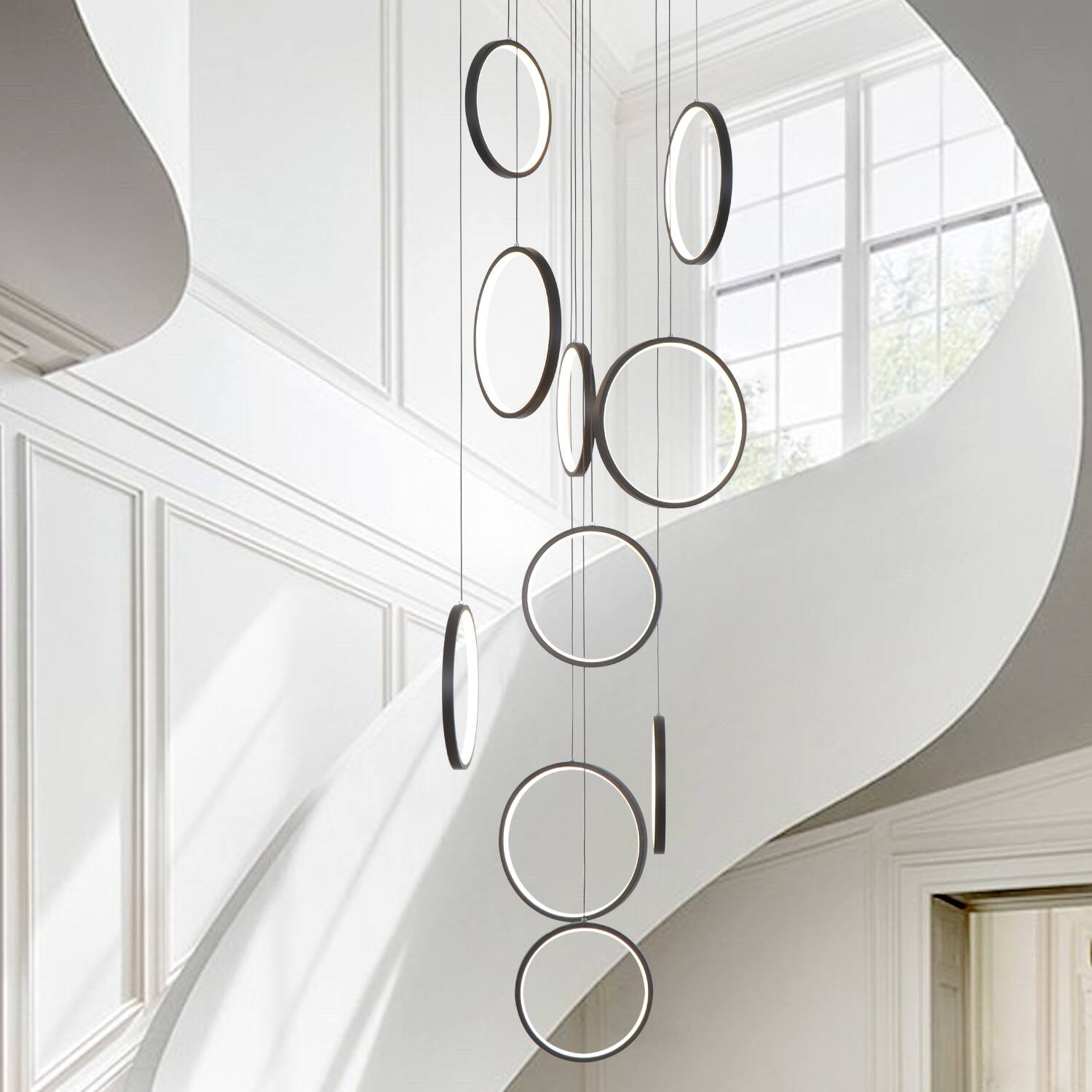 Back. Umeiluce - 10 Lights Dimmable LED Geometric Chandelier Hanging Pendant for Staircase Stairs - Matte Black.