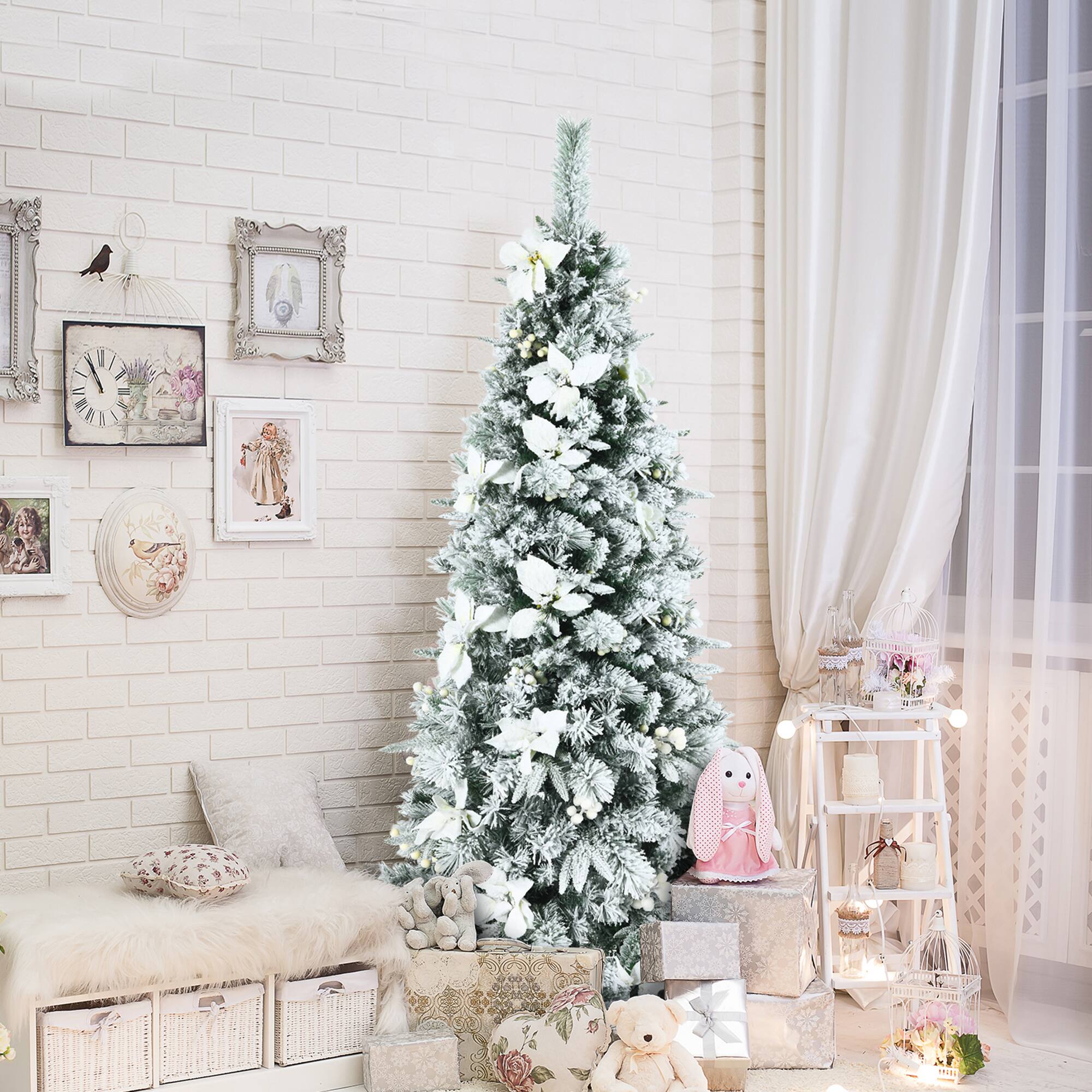 Alt View 2. Gymax - Gymax 6 FT Artificial Snow Flocked Pencil Christmas Tree w/ White Berries & Flowers - White.