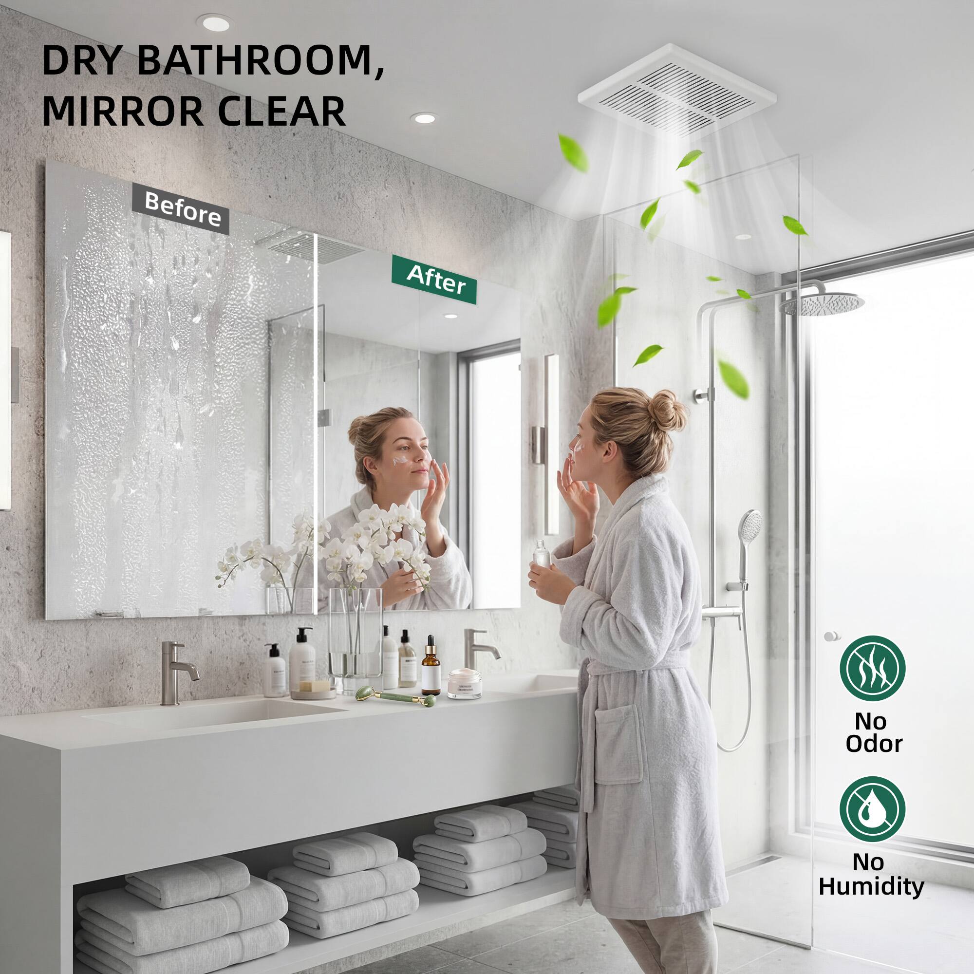 DRY BATHROOM, MIRROR CLEAR

Before After

No Odor
No Humidity