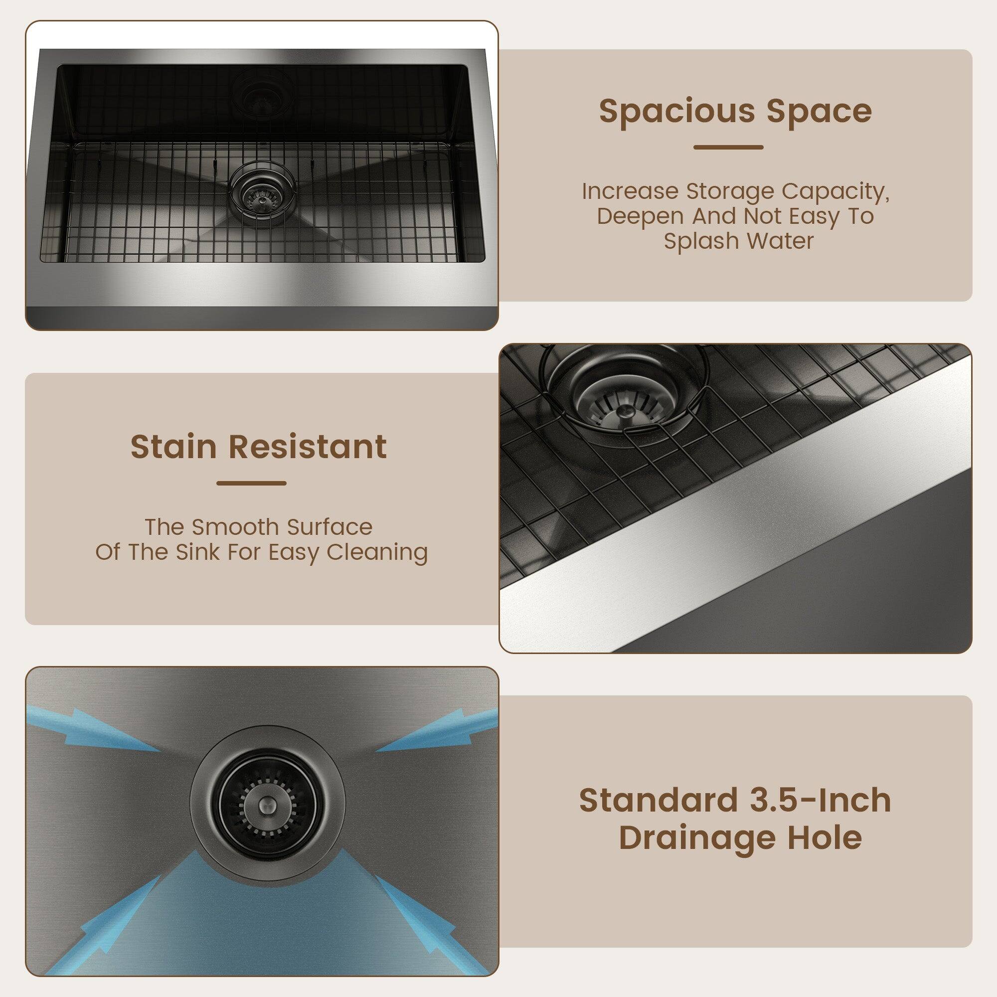 Spacious Space: Increase Storage Capacity, Deepen And Not Easy To Splash Water

Stain Resistant: The Smooth Surface Of The Sink For Easy Cleaning

Standard 3.5-Inch Drainage Hole