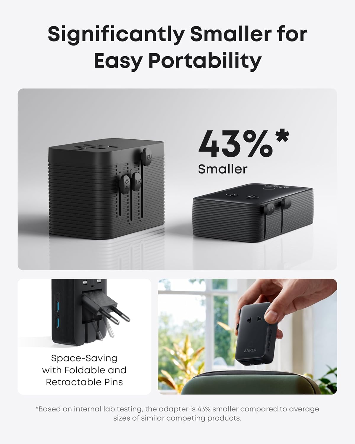 Significantly Smaller for Easy Portability

43%* Smaller

Space-Saving with Foldable and Retractable Pins

*Based on internal lab testing, the adapter is 43% smaller compared to average sizes of similar competing products.