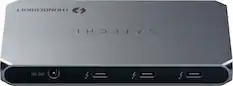 The text on the image reads "THUNDERBOLT SATECHI I H DC 20V M". This is a description of the product, which is a power adapter for a laptop. The text indicates that the adapter is compatible with Thunderbolt technology and provides 20 volts of power. The "I H DC" part of the text likely refers to the input and output specifications of the adapter.