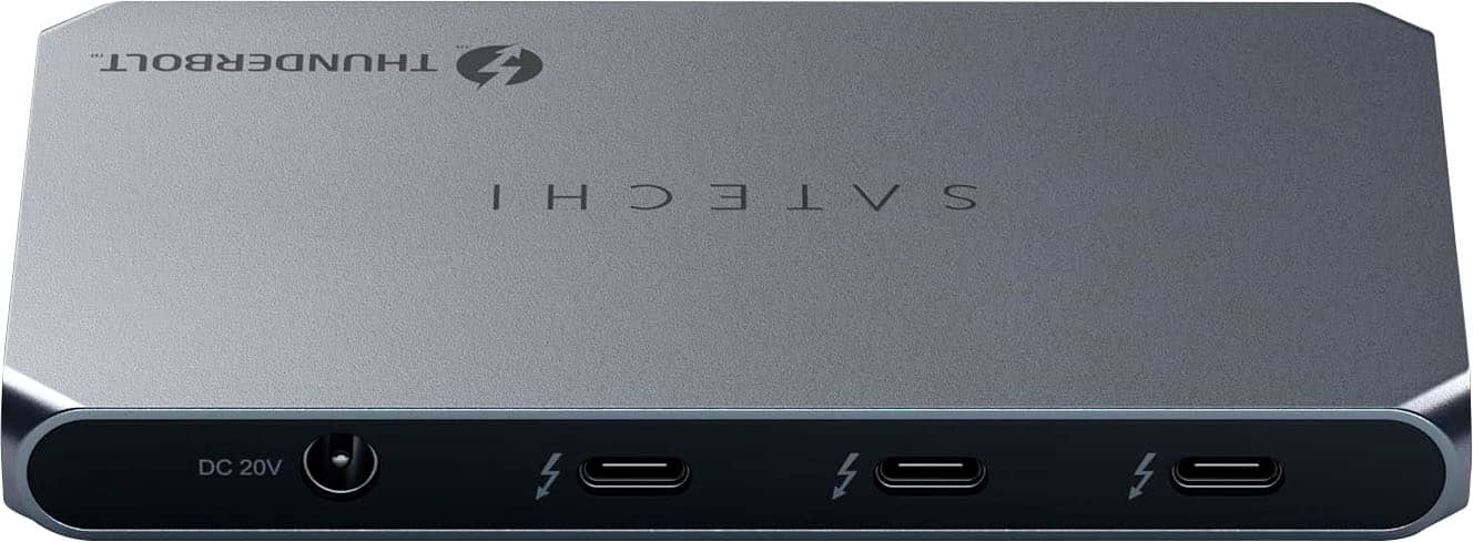 The text on the image reads "THUNDERBOLT SATECHI I H DC 20V M". This is a description of the product, which is a power adapter for a laptop. The text indicates that the adapter is compatible with Thunderbolt technology and provides 20 volts of power. The "I H DC" part of the text likely refers to the input and output specifications of the adapter.