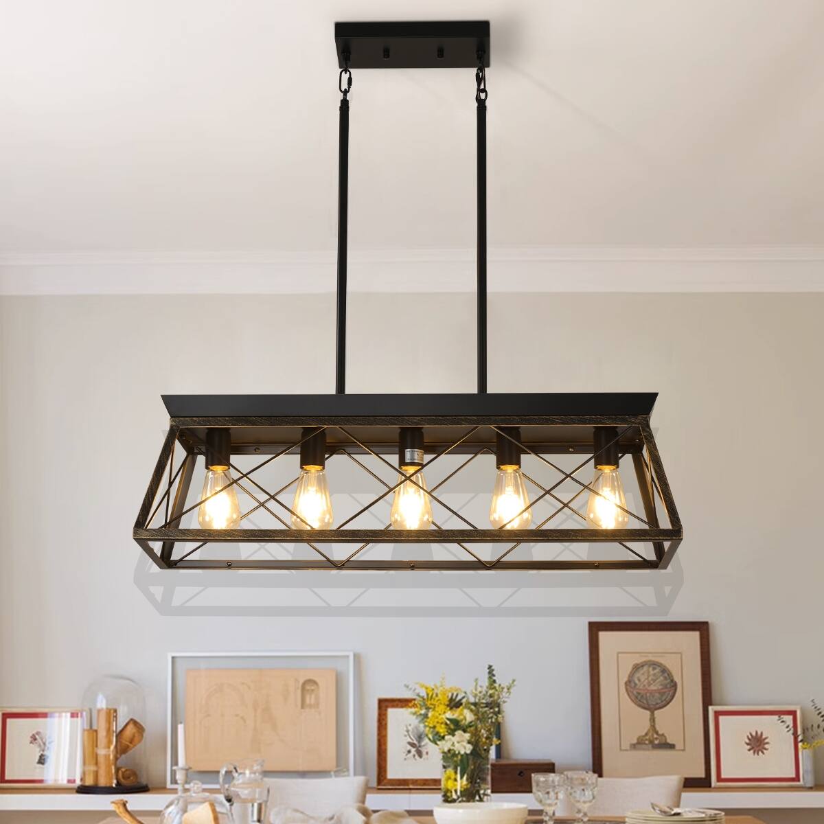 Loheer 32 Inch Industrial Pendant Chandelier, Black Gold Metal Cage ...