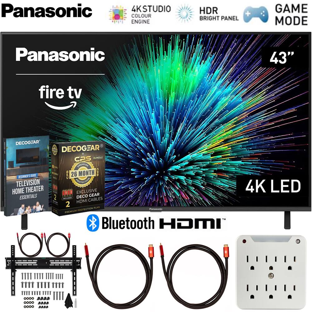 Panasonic  
4K STUDIO COLOUR ENGINE HDR + BRIGHT PANEL GAME MODE  
Panasonic 43" fire tv  
DECOGEAR  
DECOGEAR CPS BUNDLE  
26 MONTH  
BEGINNERS TELEVISION HOME THEATER ESSENTIALS 2  
EXCLUSIVE DECO GEAR HDMI CABLES  
Panasonic PREMIUM Bluetooth HDMI  
4K LED  
HDMI  
Bluetooth
