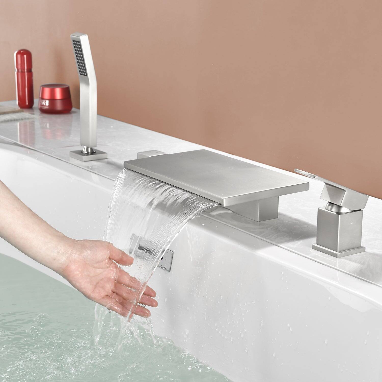 Alt View 9. Boyel Living - 10.24 in.W Brushed Nickel Bathtub Hot and Cold Water Faucet with Waterfall Spout and Handheld Shower - Brushed Nickel.