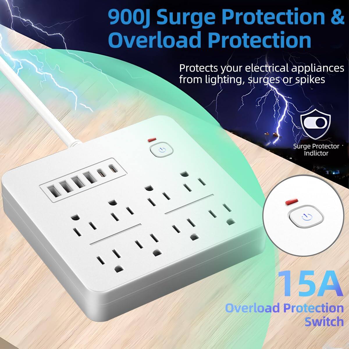 900J Surge Protection & Overload Protection  
Protects your electrical appliances from lightning, surges or spikes  

Surge Protector Indicator  
15A Overload Protection Switch