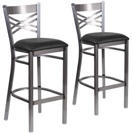 Emma + Oliver - 2 Pack Clear Coated "X" Back Metal Restaurant Barstool - Black Vinyl Seat/Clear Coated Metal Frame
