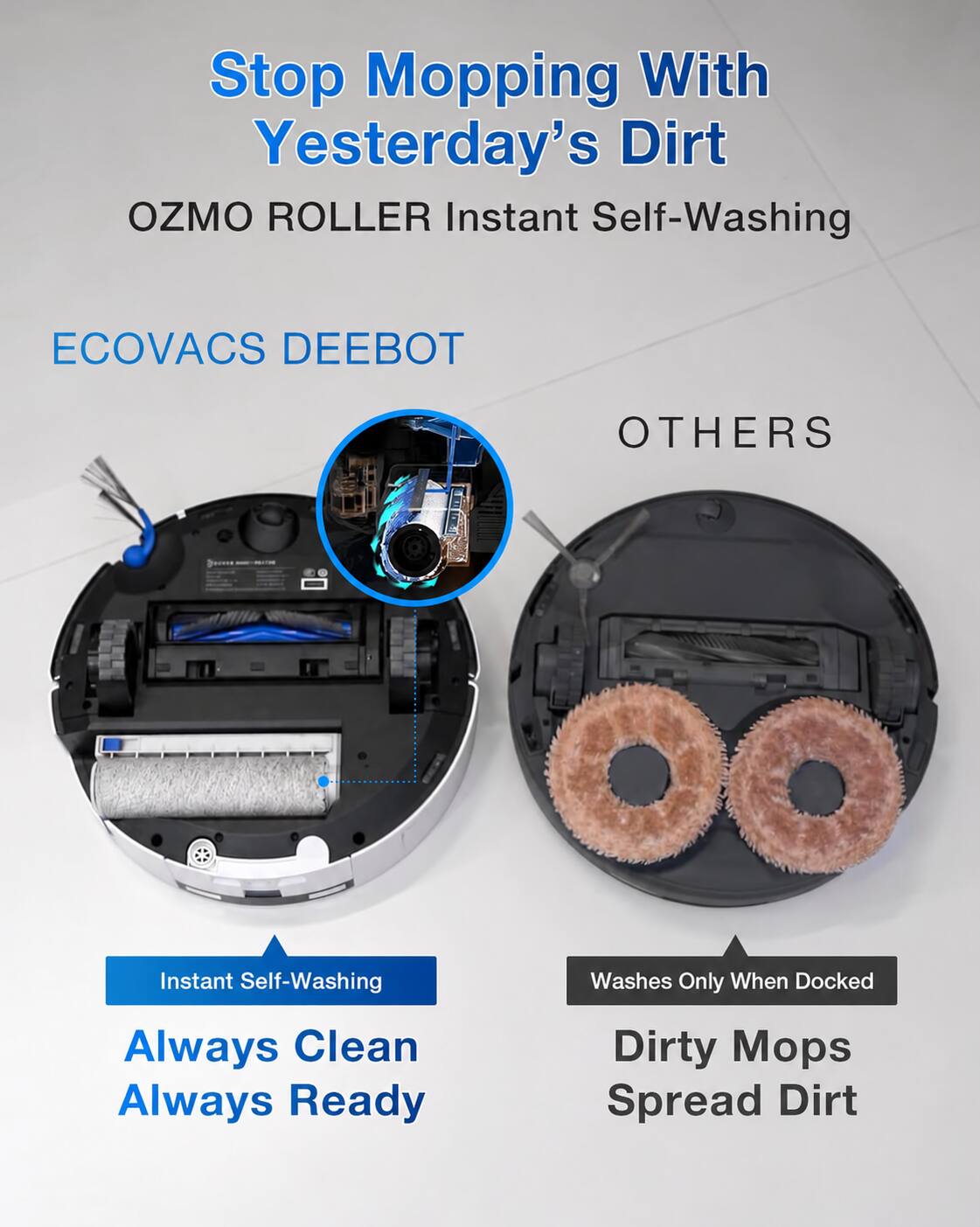 Stop Mopping With Yesterday's Dirt  
OZMO ROLLER Instant Self-Washing

ECOVACS DEEBOT  
Instant Self-Washing  
Always Clean Always Ready

OTHERS  
Washes Only When Docked  
Dirty Mops Spread Dirt