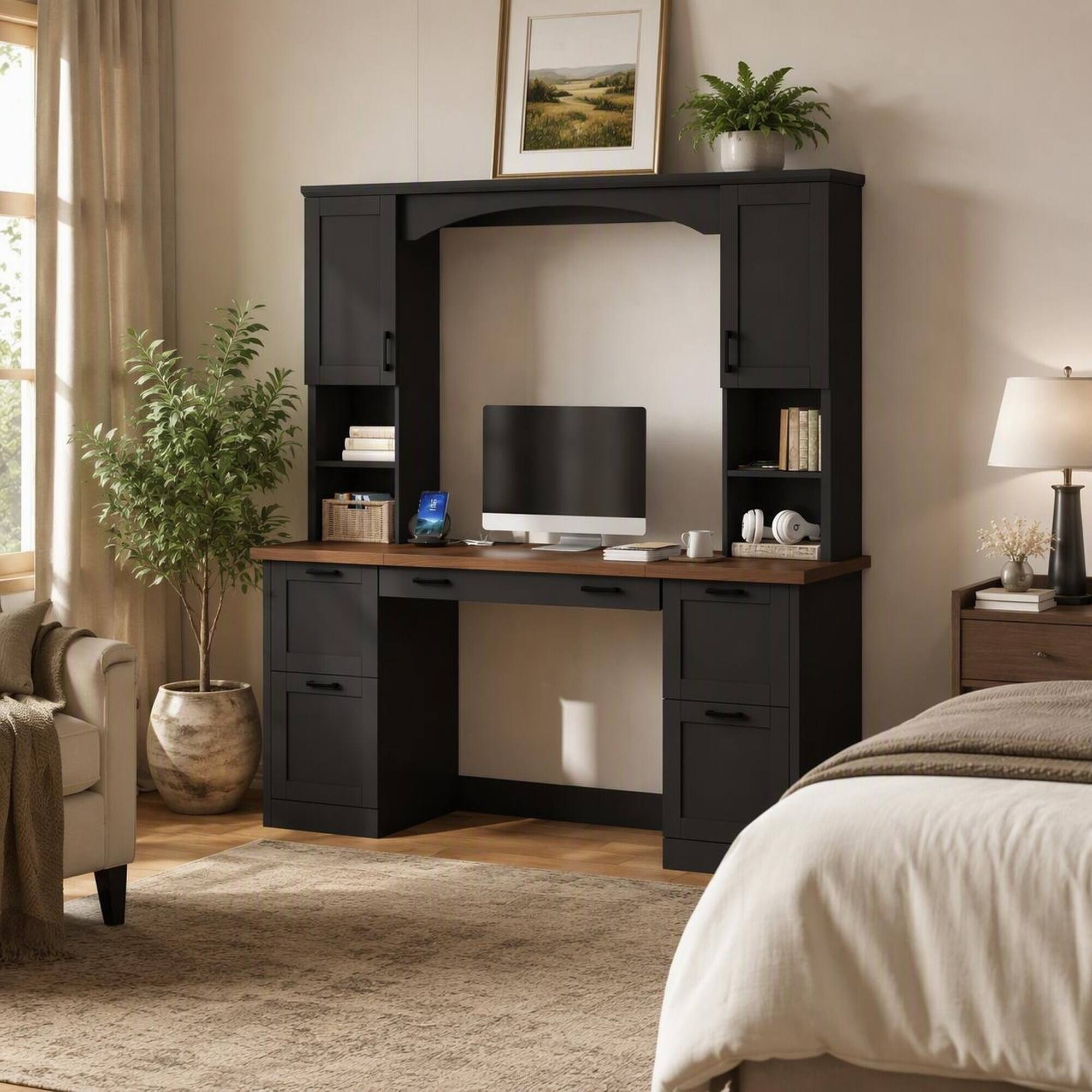 RYHNUYNE Farmhouse Arched Computer Desk with Hutch, Walnut and Finish ...