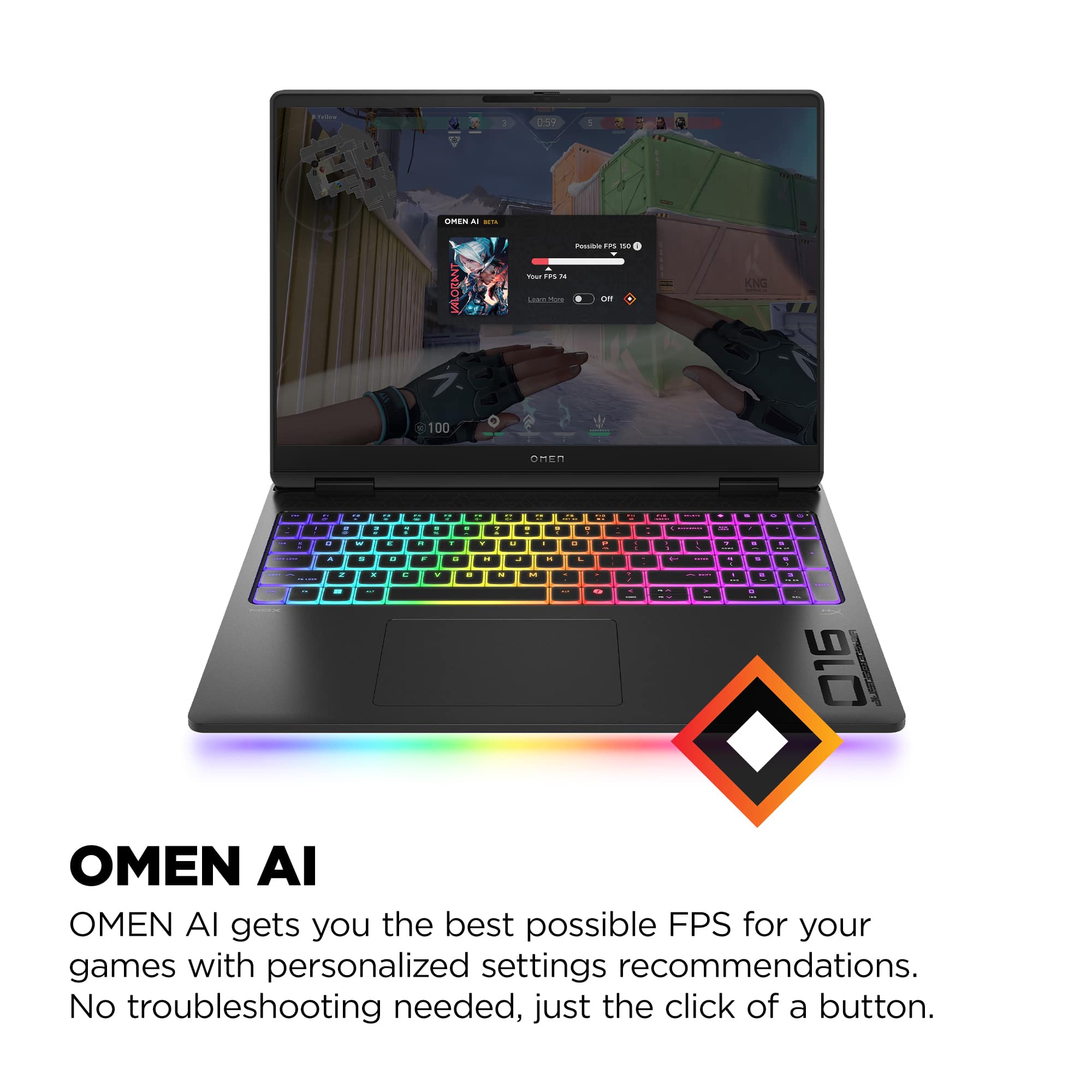 The text on the image reads: "OMEN AI - OMEN AI gets you the best possible FPS for your games with personalized settings recommendations. No troubleshooting needed, just the click of a button."