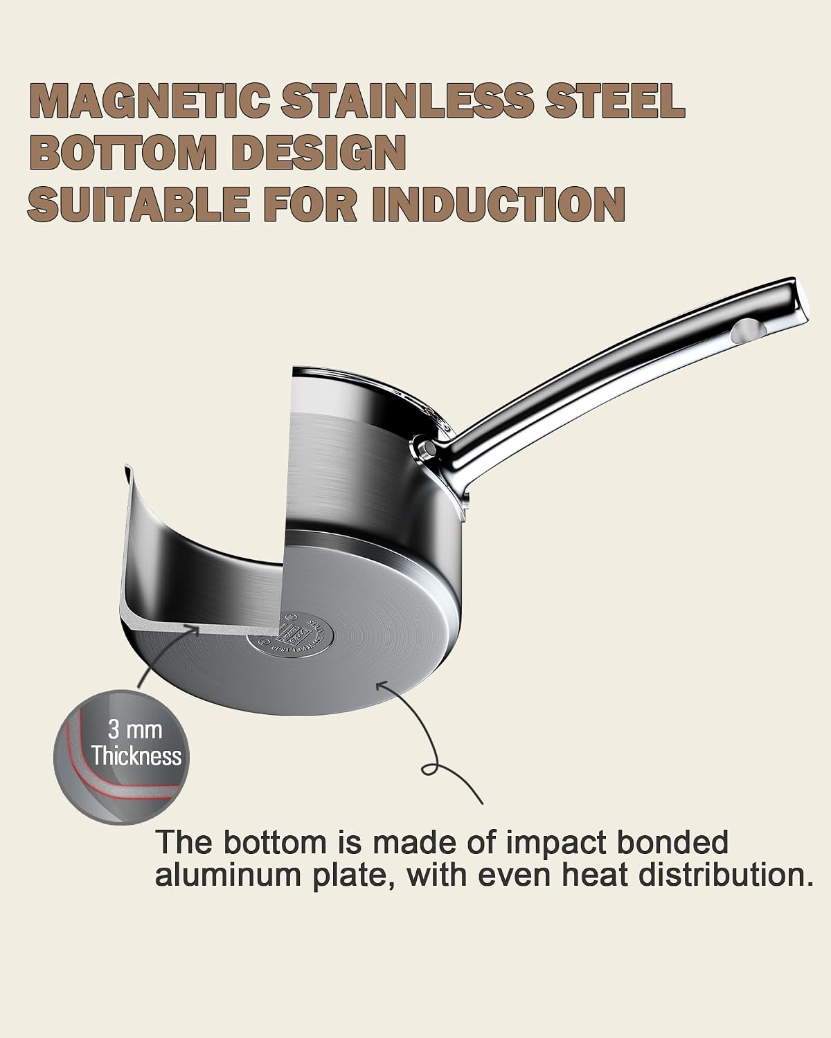 MAGNETIC STAINLESS STEEL BOTTOM DESIGN SUITABLE FOR INDUCTION

3 mm Thickness

The bottom is made of impact bonded aluminum plate, with even heat distribution.
