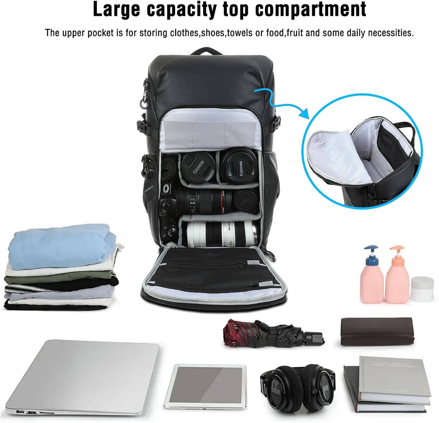 Large capacity top compartment  
The upper pocket is for storing clothes, shoes, towels or food, fruit and some daily necessities.