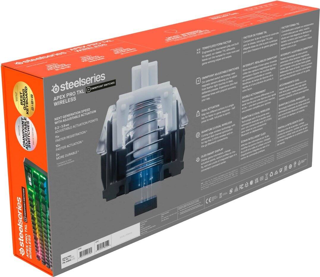 The image features a box for a Steelseries TKL Pro Apex keyboard. The box is orange and white, and it contains a wireless keyboard with a sleek design. The box also includes a set of steelseries TKL Pro Apex switches, which are adjustable and provide a faster response time. The box highlights the wireless speed and generation actuation of the keyboard, making it an ideal choice for gamers and professionals. The box also features a description of the product and its features, emphasizing the durability and performance of the keyboard.