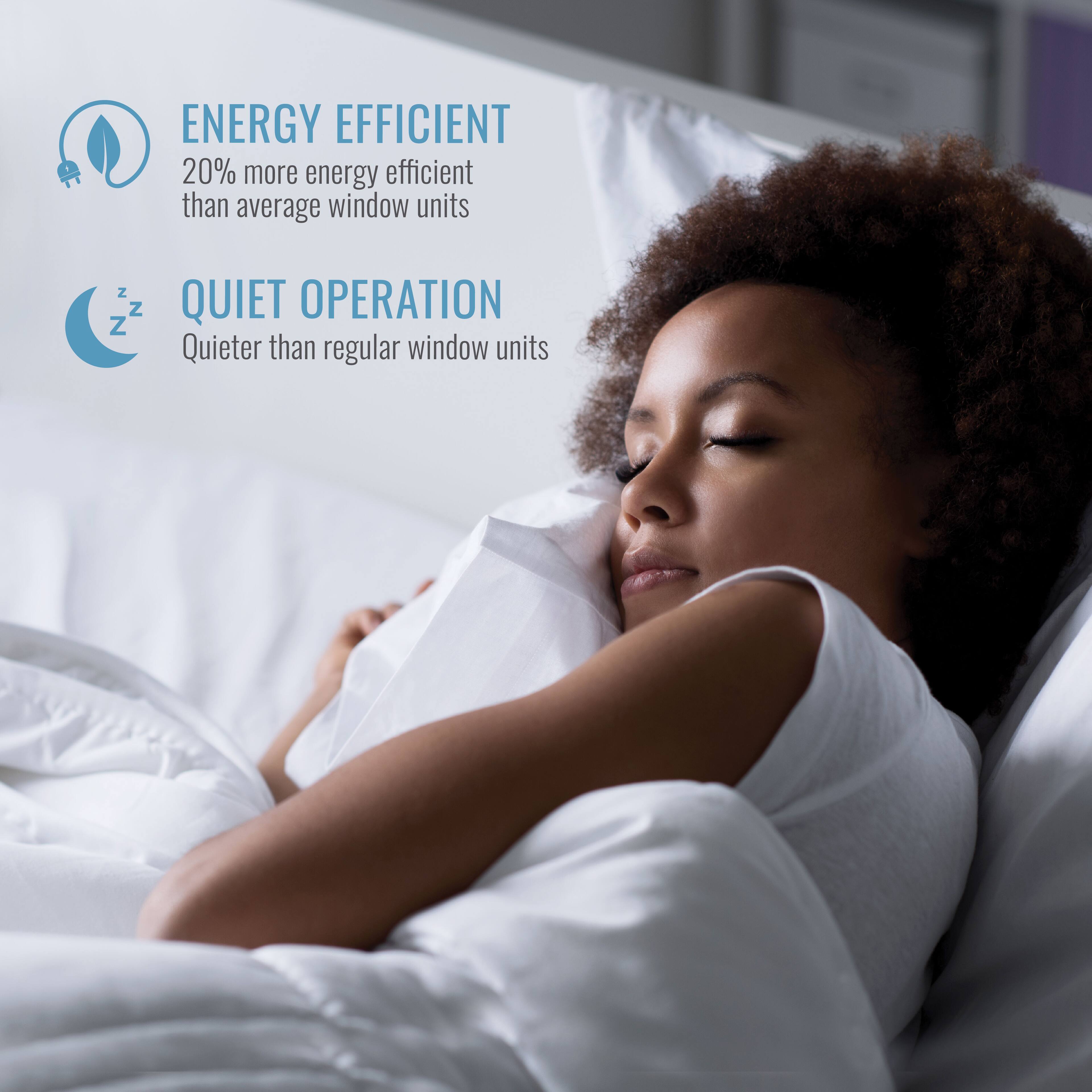 ENERGY EFFICIENT  
20% more energy efficient than average window units  

QUIET OPERATION  
Quieter than regular window units