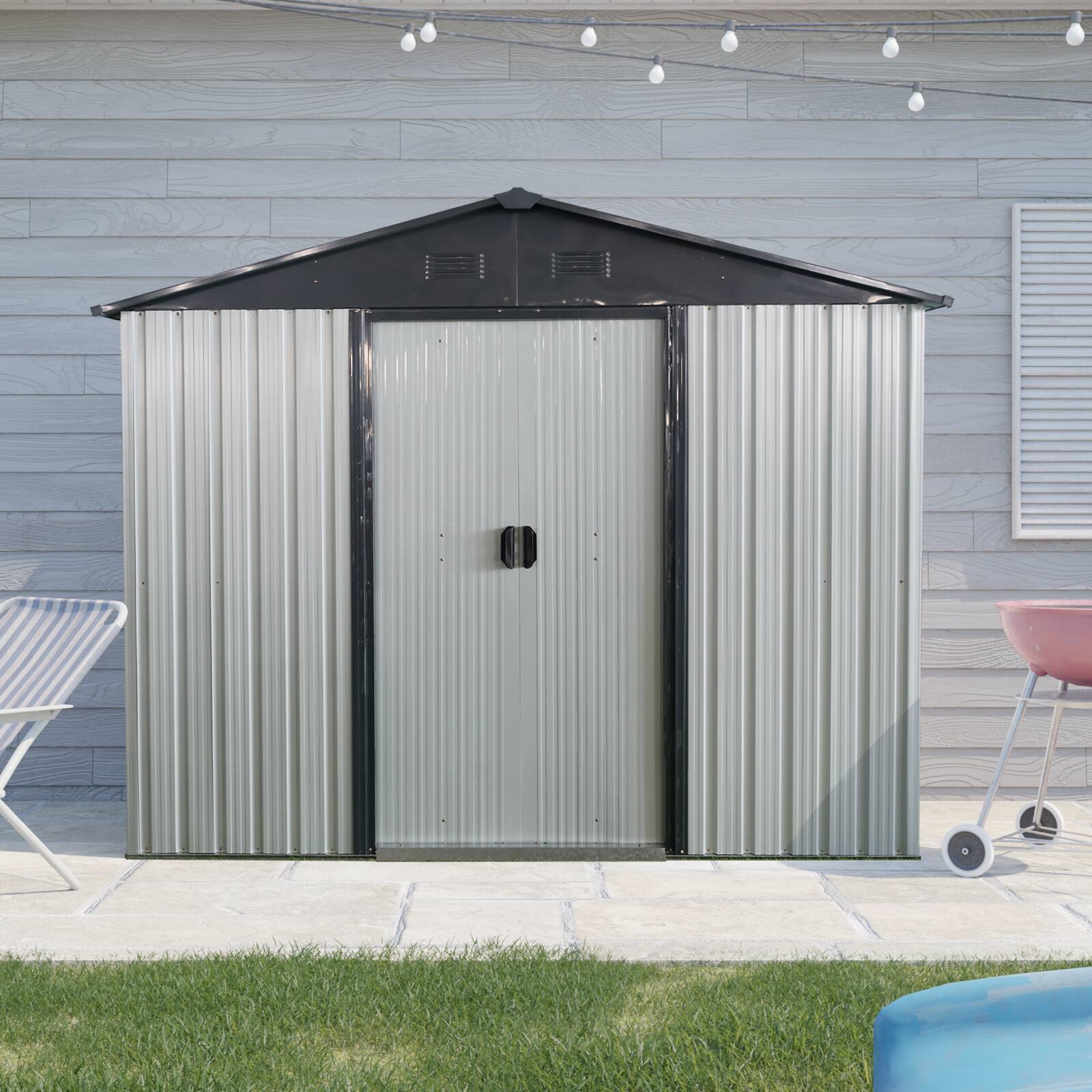 Angle. Mondawe - 8ft x 4ft Outdoor Metal Storage Shed with Sliding Door and foundation - White+Black.