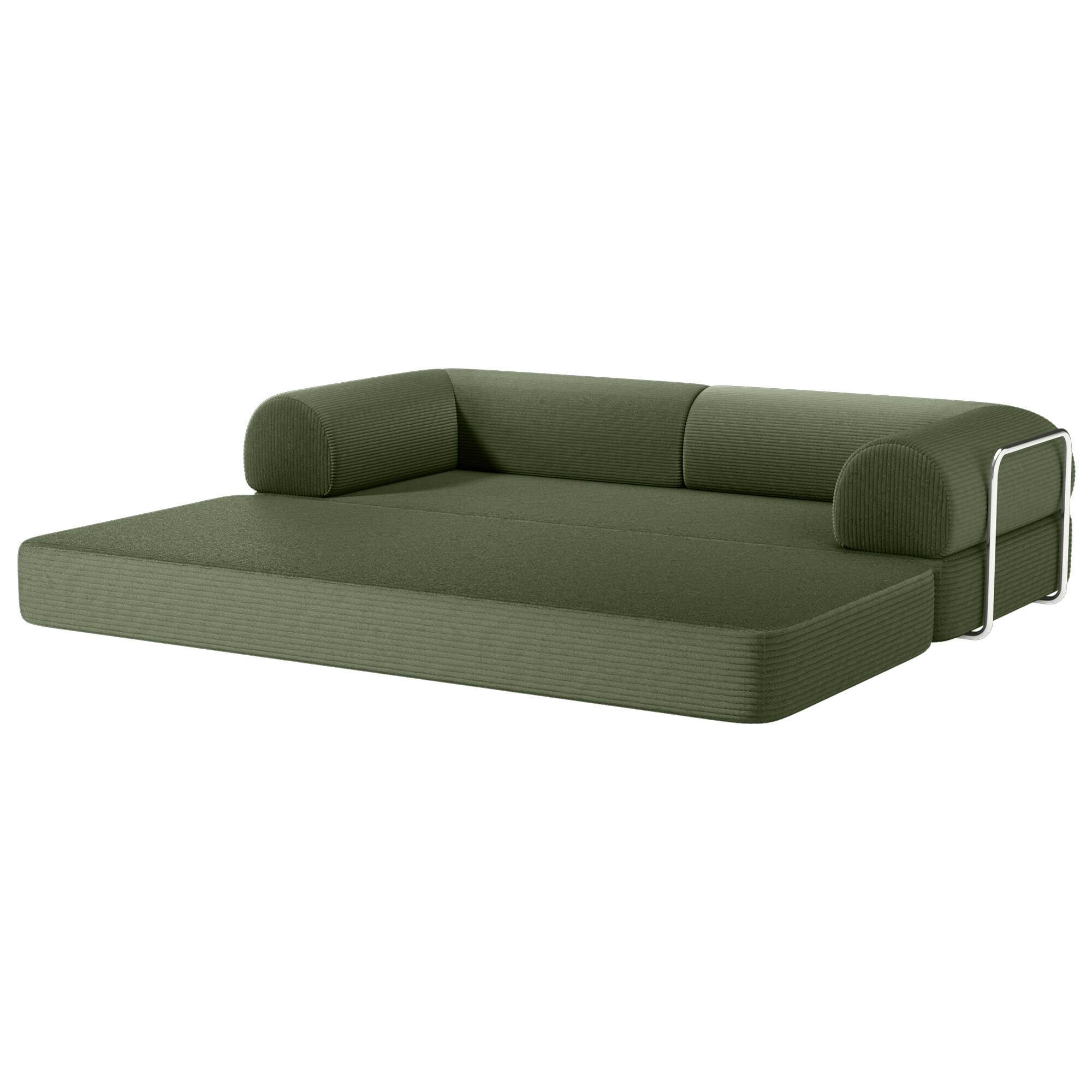 Back. Vaczon - 79" Modular Convertible Sofa Bed with High-Density Foam and Corduroy Upholstery with Lumbar Pillow Included - Olive Green.