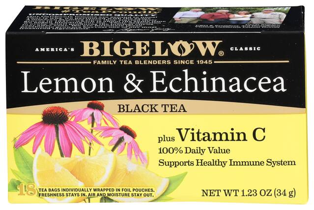 **BIGELOW**
AMERICA'S FAMILY TEA BLENDERS SINCE 1945
**Lemon & Echinacea**
BLACK TEA
**plus Vitamin C**
100% Daily Value
Supports Healthy Immune System
18 TEA BAGS INDIVIDUALLY WRAPPED IN FOIL POUCHES.
FRESHNESS STAYS IN. AIR AND MOISTURE STAY OUT.
NET WT 1.23 OZ (34 g)
---
**UNCOMPROMISED QUALITY**
BIGELOW has been blending tea for over 70 years. Our teas are made with the finest quality ingredients and are carefully crafted to ensure the best flavor and aroma. We use only the highest quality tea leaves and herbs, and our teas are blended by hand to ensure consistency and quality.
**BIGELOW**
CLASSIC
---
**BIGELOW**
President & CEO
California Lemon Growers
---
**BIGELOW**
President & CEO
California Lemon Growers
---
**BIGELOW**
President & CEO
California Lemon Growers
---
**BIGELOW**
President & CEO
California Lemon Growers
---
**BIG