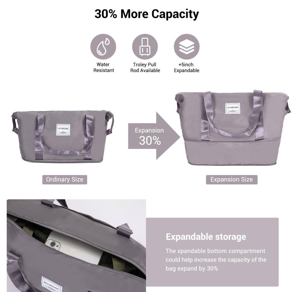 30% More Capacity

- Water Resistant
- Trolley Pull Rod Available
- +5inch Expandable

Expansion 30%

Ordinary Size → Expansion Size

Expandable storage

The expandable bottom compartment could help increase the capacity of the bag by 30%