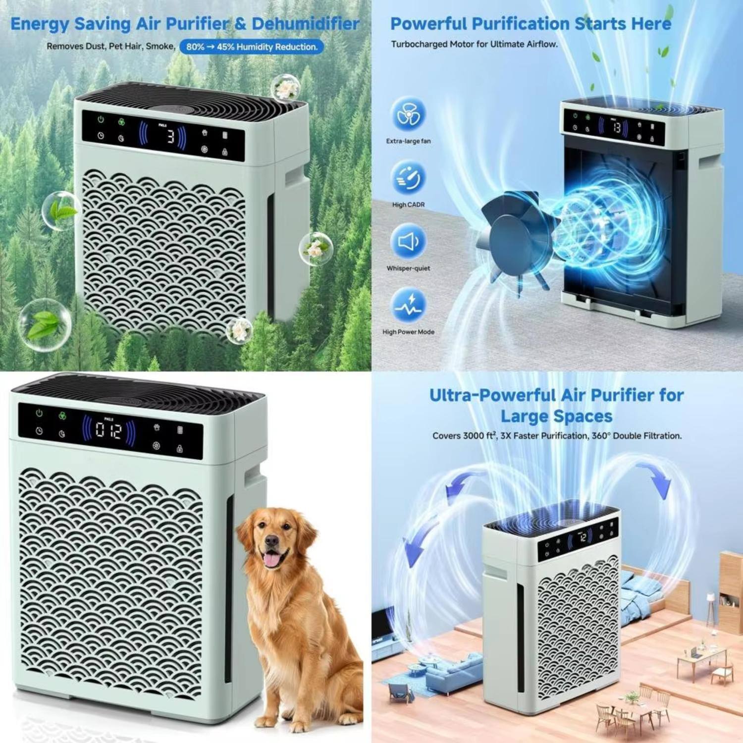 Energy Saving Air Purifier & Dehumidifier  
Removes Dust, Pet Hair, Smoke, 80% - 45% Humidity Reduction.

Powerful Purification Starts Here  
Turbocharged Motor for Ultimate Airflow.  
Extra-large fan & High CADR Whisper quiet High Power Mode.

Ultra-Powerful Air Purifier for Large Spaces  
Covers 3000 ft², 3X Faster Purification, 360° Double Filtration.