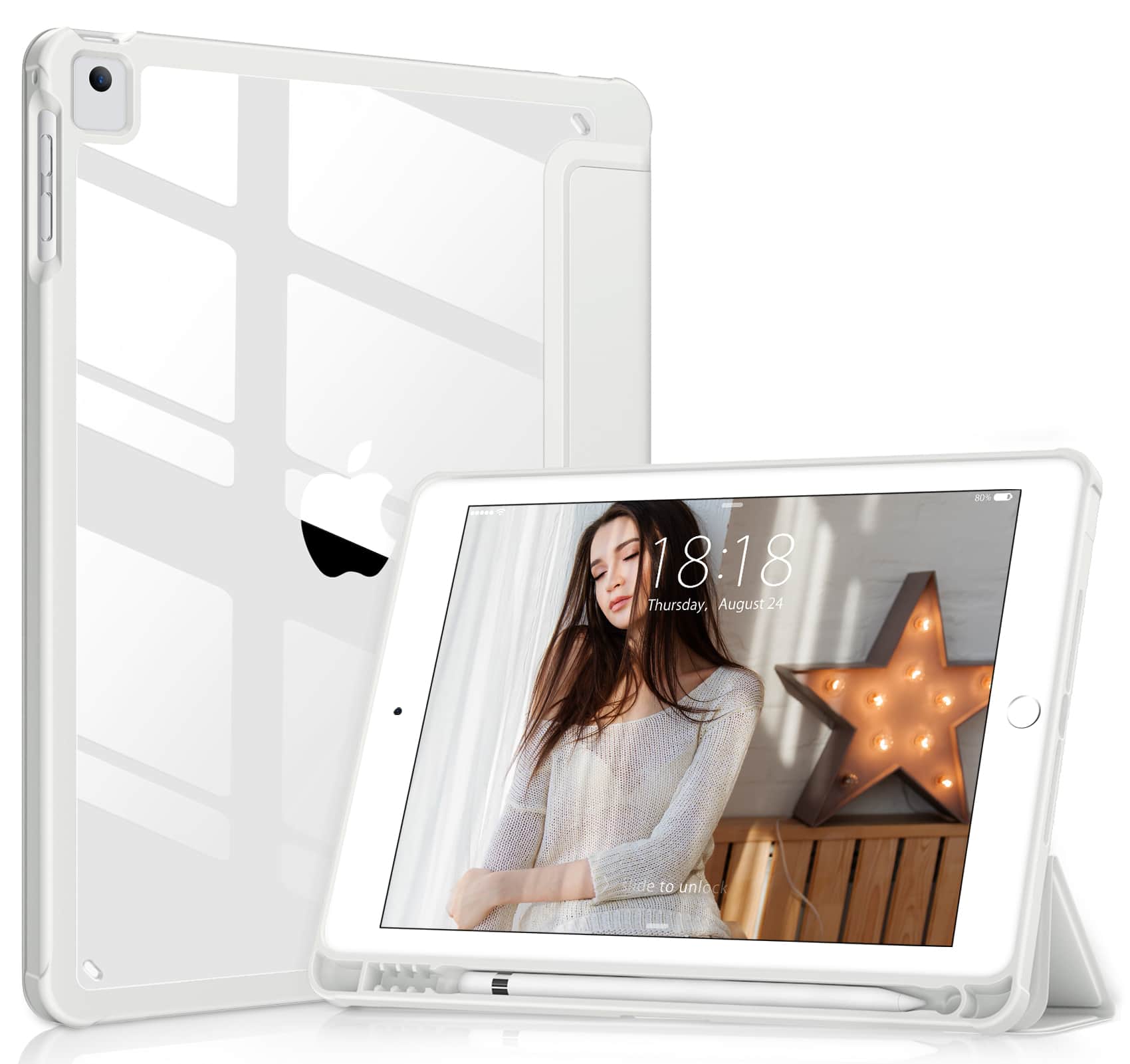 DTTO - Case for iPad 6th / 5th Generation 9.7 inch Case iPad Air 2 & 1 Case, Clear Back,Built-in Pencil Holder, Auto Sleep/Wake - Silver