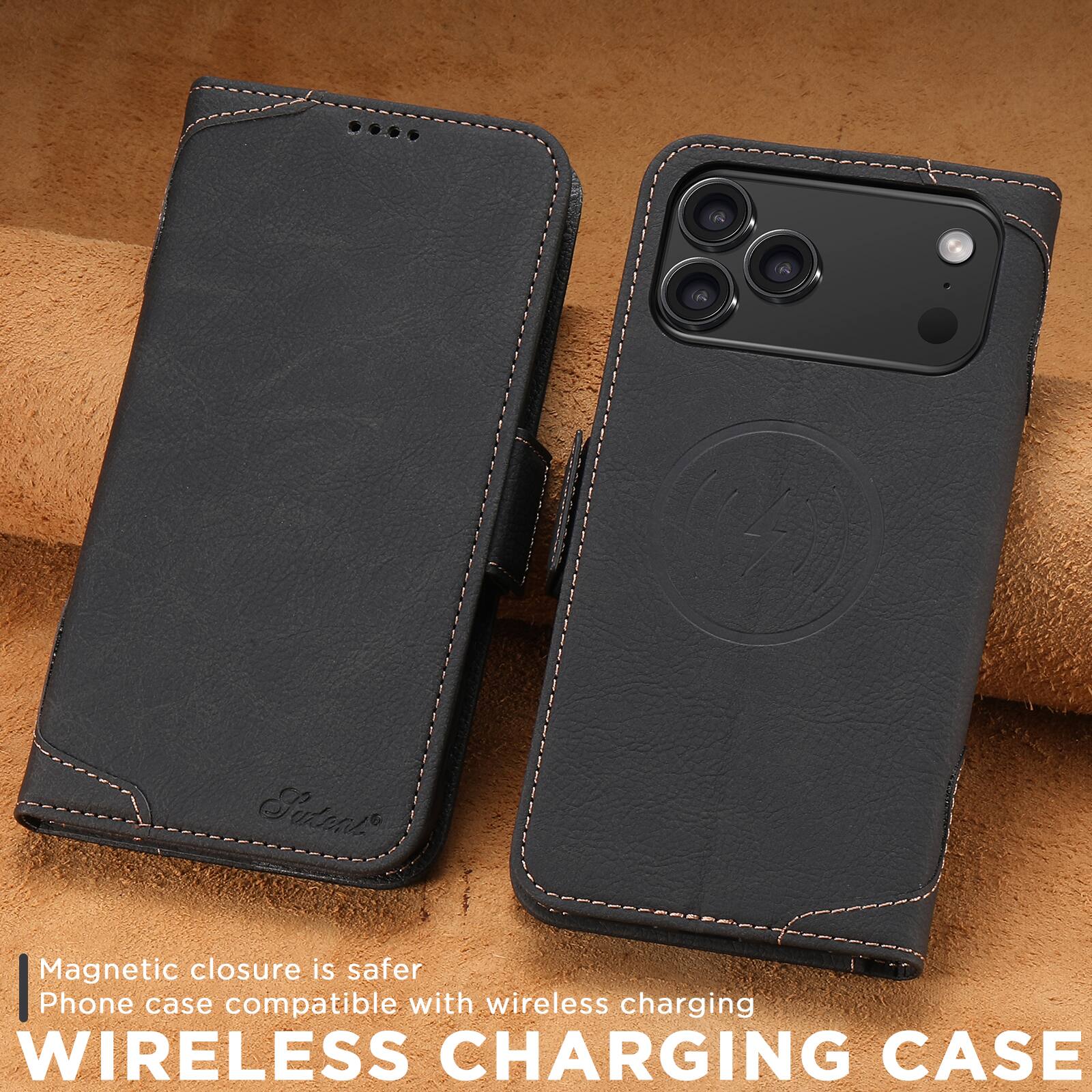Magnetic closure is safer  
Phone case compatible with wireless charging  
WIRELESS CHARGING CASE