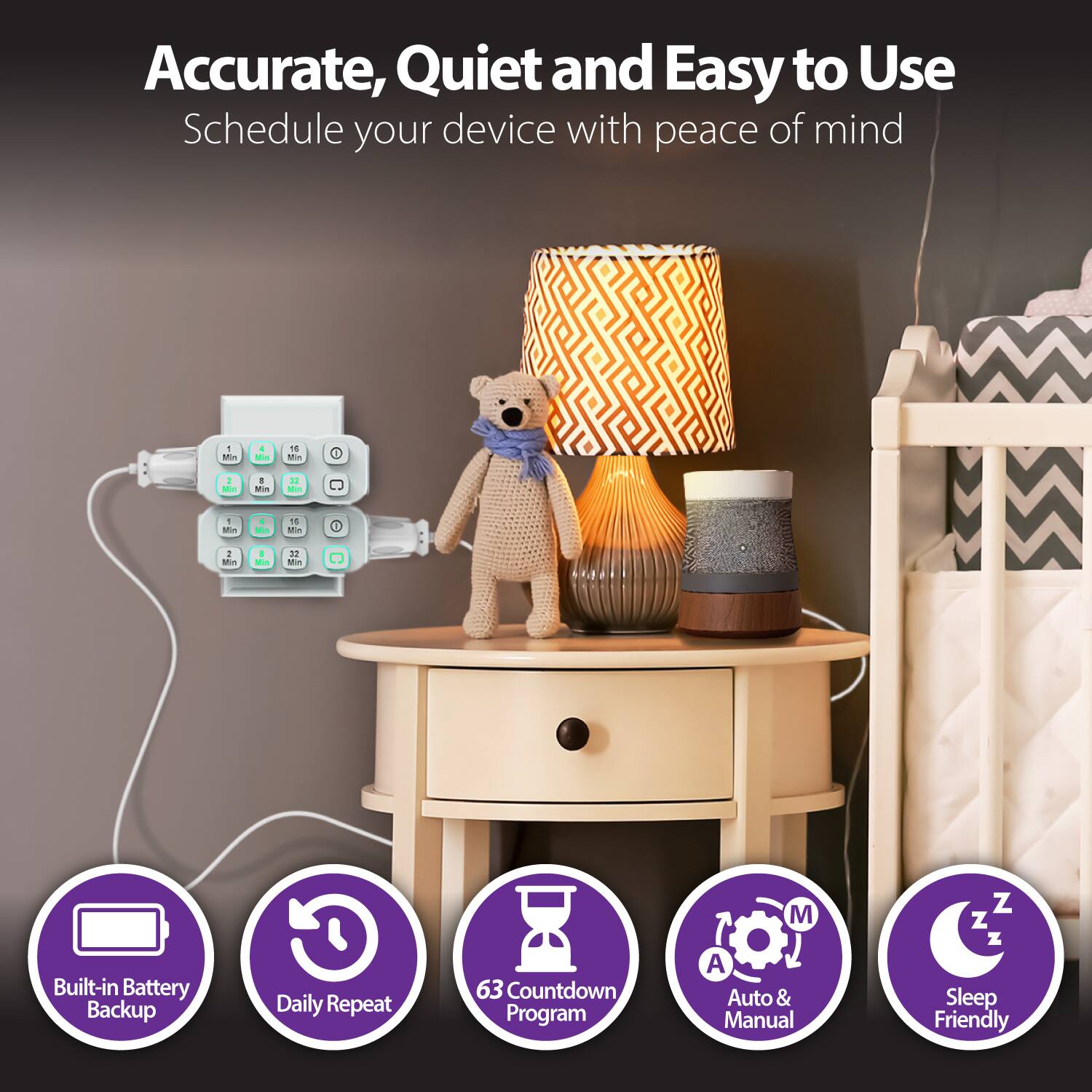 Accurate, Quiet and Easy to Use Schedule your device with peace of mind - adoa - 16 -. 1 - -. - 1 a - . Ade 1 I  au : Ma Built-in Battery Backup G Daily Repeat 63 Countdown Program M A Auto & Manual Z Z z Sleep Friendly