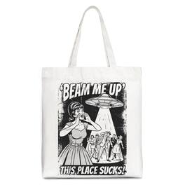 OrnamentallyYou - UFO Meme Beam Me Up This Place Sucks Canvas Tote Bag - White