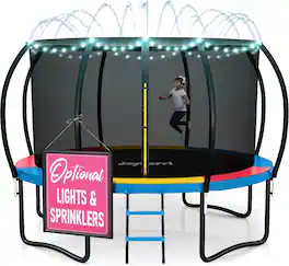 JoyBerri - 14ft Outdoor Trampoline with Enclosure Net LED Lights Sprinkler Ladder for Kids and Adults