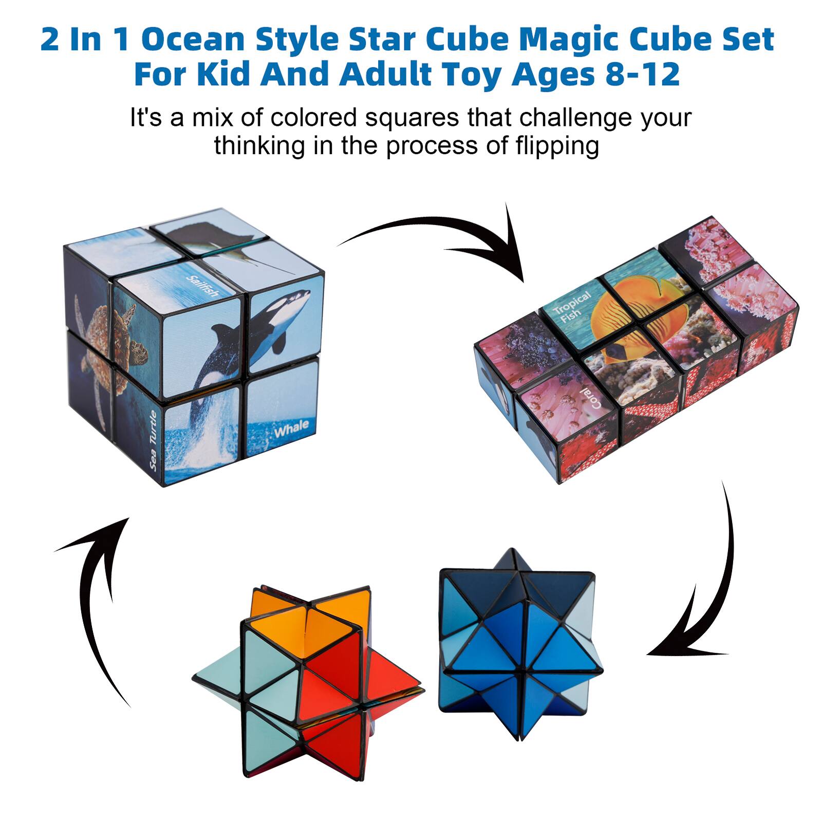 2 In 1 Ocean Style Star Cube Magic Cube Set For Kid And Adult Toy Ages 8-12

It's a mix of colored squares that challenge your thinking in the process of flipping