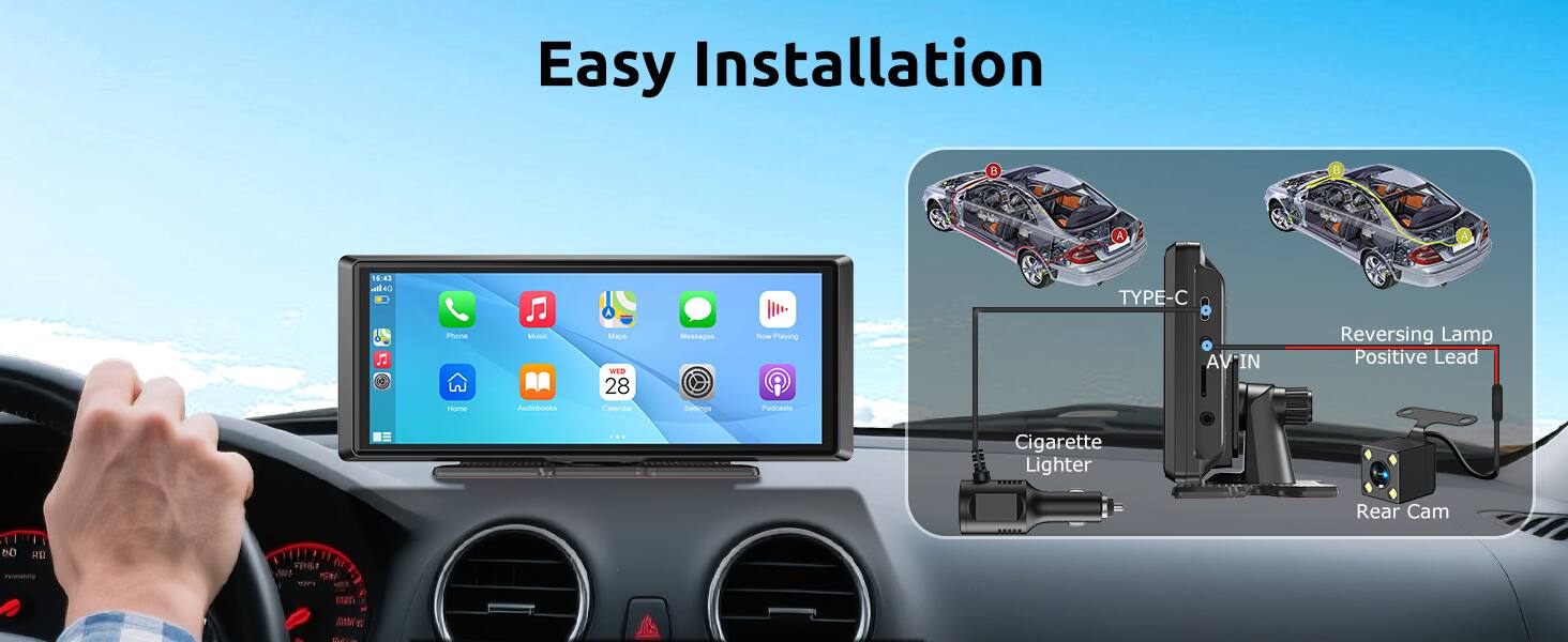 Easy Installation

- TYPE-C
- Reversing Lamp Positive Lead
- Cigarette Lighter
- Rear Cam