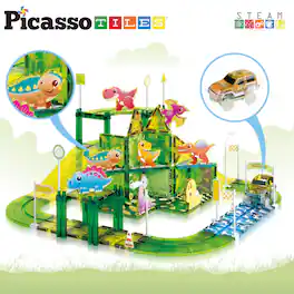 PicassoTiles - PICASSO-TILES Race Track Magnetic Tiles for Kids, 89PCS with 2 Racing Cars, Dinosaur Theme STEM Building Blocks Toy