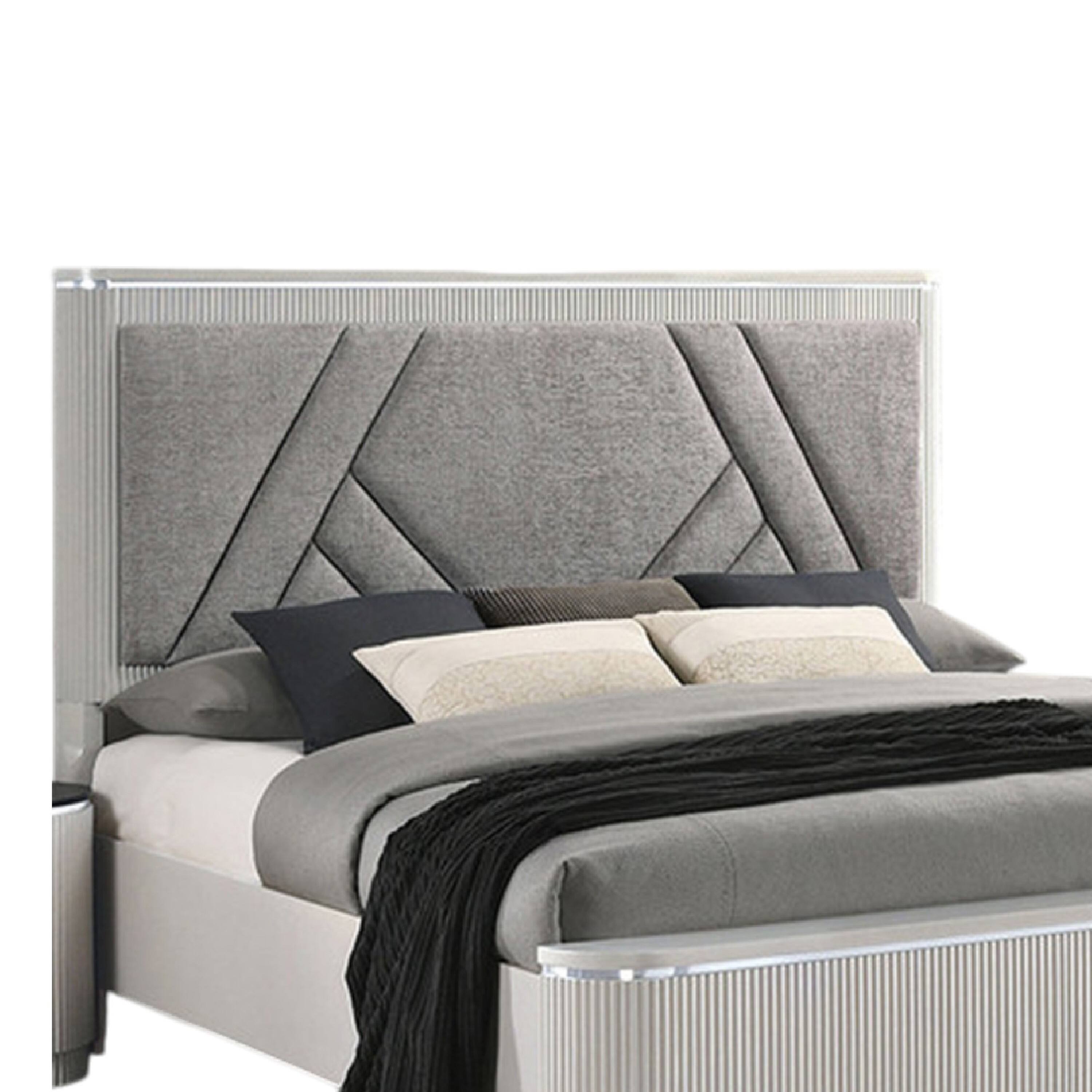 Left. Manhattan Lane - Vino Queen Bed, Gray Chevron Satin Fabric Upholstered, Solid Wood - Gray.