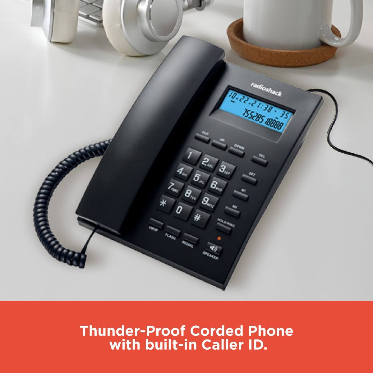 10. radioshack BE:15.55.0 22 38 755285 35 18888 OUT BOWN 1 DEL 2 ARE 4 3 DEF - BET 5 JL 7 6 - PORS - TUV 9 * -Z MZ 0 # HOLE HOLD/RING VIP FLASH REZAAL ( SPEAKER Thunder-Proof Corded Phone with built-in Caller ID.

Thunder-Proof Corded Phone with built-in Caller ID.